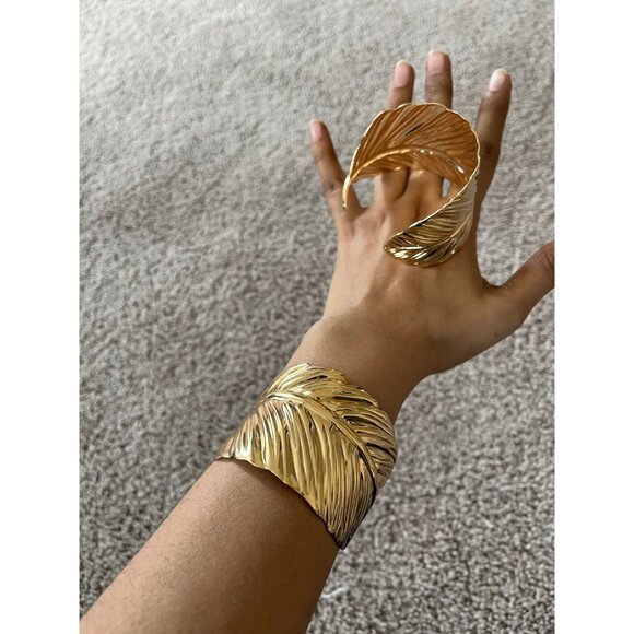 wide gold cuff leaf bracelet bangle large wedding metal boho chunky statement - Picture 2 of 9